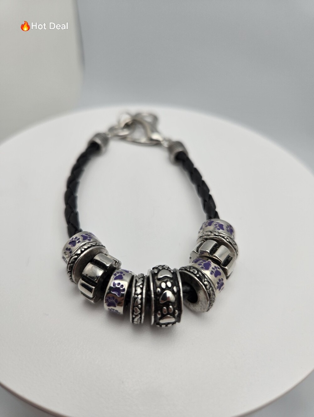 Black Leather Charm Bracelet Purple Paw Print Dog Cat 8+1" Pandora Style